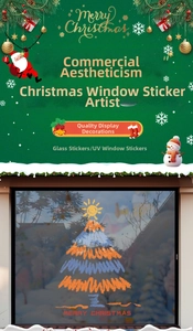 Sticker de vitre UV détaillé avec sapin de Noël dessiné et texte Merry Christmas