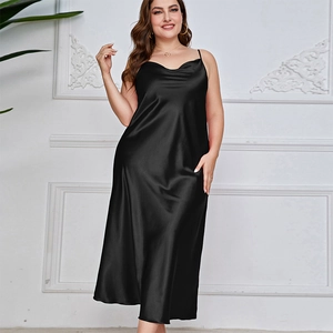 Elegant black satin slip dress with cowl neck and silky sheen in mid-length fit