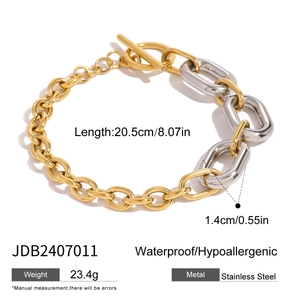 Two-tone gold and silver stainless steel Cuban link bracelet with a toggle T-bar clasp