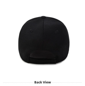 Detail of adjustable velcro strap and cotton twill fabric on the back of a black baseball cap