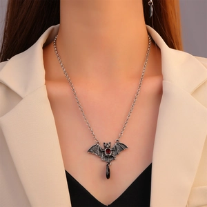 Gothic vintage black bat necklace set with red gemstone and water-drop pendant