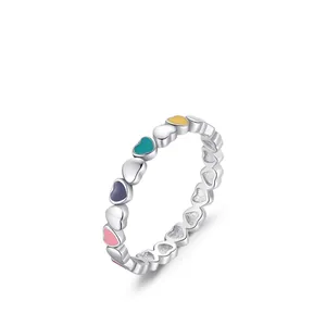 925 Sterling Silver Heart Ring With Colorful Enamel Rainbow Sweet Korean Style Jewelry Accessory For Women