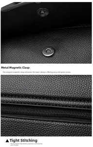 Detailed view of black litchi leather bag with silver magnetic snap and precision stitching