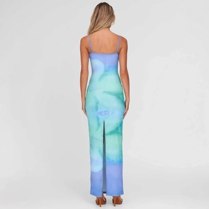 Slim fit backless maxi dress with teal tie-dye print and adjustable thin spaghetti straps