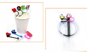 Detailed view of silicone straw covers featuring creative heart and unicorn designs