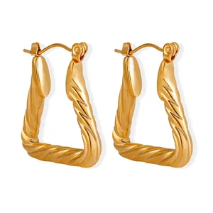 Geometric Triangle Twisted Hoop Earrings For Women Titanium Steel Gold Plated Vintage Minimalist Jewelry