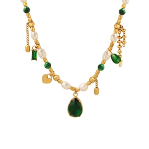 Vintage Freshwater Pearl Pendant Necklace Titanium Steel Gold Plated Zircon Green Turquoise Palace Style Jewelry Women