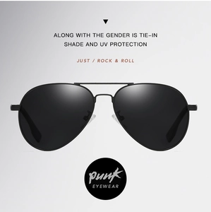 Close-up of black aviator sunglasses with polarized lenses and metal double bridge design