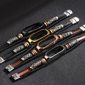 Vintage leather braided wristbands with metallic frames for Xiaomi smart fitness bands