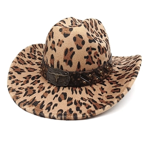 Detail of leopard print cowboy hat with leather band and vintage bull head buckle
