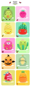 Detail showcasing variety of 10 colorful plush cartoon fruit and plant character backpacks