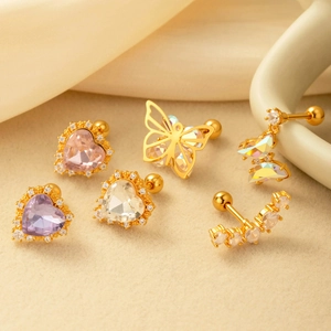 6-piece gold titanium steel heart and butterfly stud set with colorful zircon stones