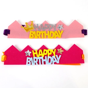 Pink and magenta Happy Birthday crown headbands with glitter stars and ribbon ties