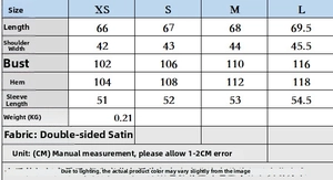 Detailed sizing chart for satin blouse including length, bust, and sleeve measurements