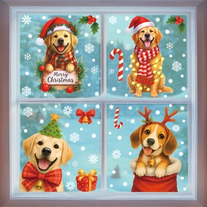 Christmas window decals with cute puppy dogs in Santa hats and festive gift boxes