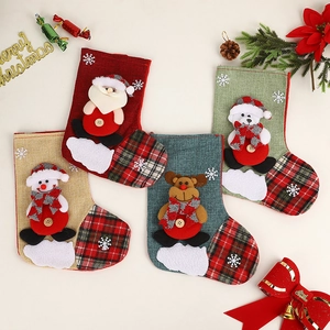 Christmas Stocking Ornament Linen Plaid 3D Cartoon Santa Snowman Reindeer Bear Holiday Fireplace Decor Gift Candy Bag