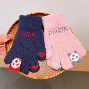 Detailed knit gloves for kids with panda patterns in navy blue and pink colors