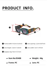 Detailed size chart showing dimensions for square sunglasses frame and lens measurements