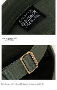 Detail of dark green cotton flat top hat featuring adjustable bronze metal buckle and inner tag