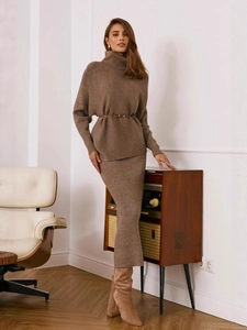 Elegant coffee brown knit set featuring turtleneck sweater and maxi skirt with waist belt