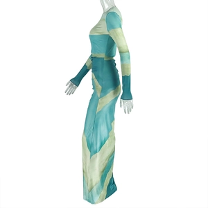 Detailed side view of long sleeve slim fit dress with abstract ink print design