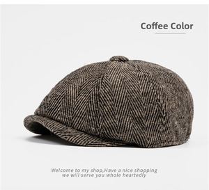 Detail view of coffee brown herringbone newsboy cap featuring classic retro wool fabric texture