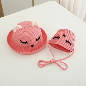 Set cappello di paglia e borsa a tracolla rosa per bambini con orecchie di gatto