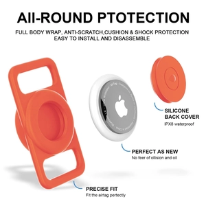 Detailed exploded view of a bright orange waterproof silicone AirTag case components