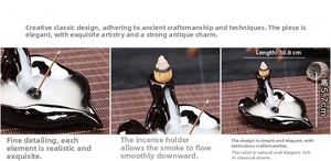 Ceramic backflow incense burner detail showing dual-use design and 10.8cm leaf shape dimensions