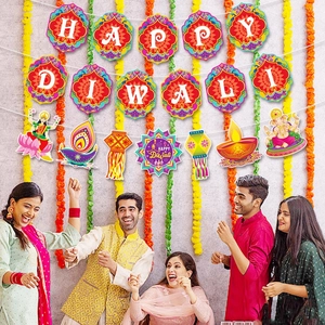 Colorful Happy Diwali party banner with festive Indian elements for celebration
