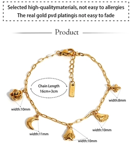 Detail view of 18k PVD gold plated stainless steel bracelet with diverse charms and size info