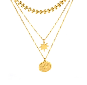 Close-up of golden multi-layer necklace with hexagram star and round disc pendants