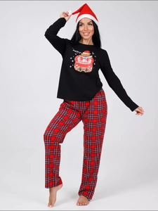 Detail of Christmas pajama set featuring a black long-sleeve top and red plaid pants