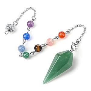 Detailed view of green hexagonal crystal pendant with seven chakra stones on silver chain