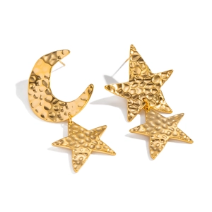18K gold plated stainless steel crescent moon and star stud earrings with hammered texture