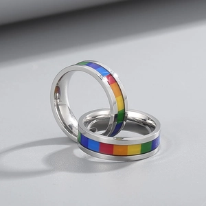 Close-up of rainbow striped stainless steel double ring pendant with polished finish