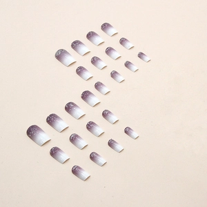 Medium long square purple gradient press-on nails with silver glitter, 24 piece set