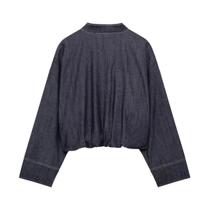 Women's cropped denim bomber jacket with elastic hem and drop shoulder in dark navy