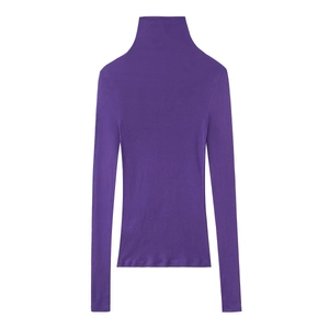 Detail of a purple high-neck slim-fit cotton top featuring extra long sleeves