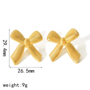 Golden bow-knot stud earrings with horizontal texture measuring 29.4mm in height
