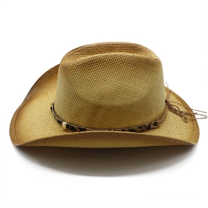 Classic western straw cowboy hat with leopard print band and gold buckle detailing