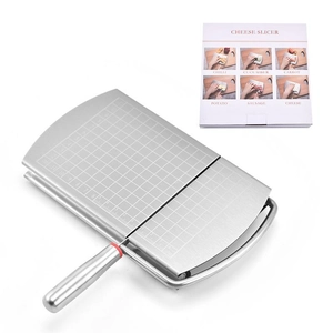 Stainless steel cheese slicer with scale markings and handle on white background