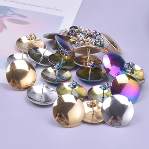 Close-up of circular stainless steel earring studs in gold, silver and rainbow plating