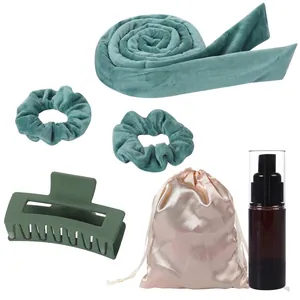 Heatless hair curler set with teal velvet headband, scrunchies, clip and spray bottle