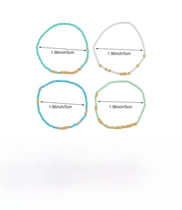 Detail of four colorful gradient bead bracelets set with 5cm diameter size and weight info