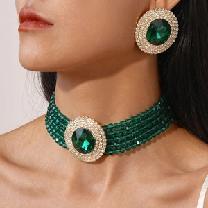 Retro Emerald Green Glass Jewelry Set Alloy Rhinestone Multi Layer Choker Necklace With Silver Earring Post For Women