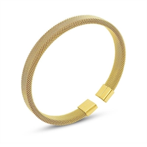 Golden titanium steel mesh stretch bracelet with C-shape open design and square ends