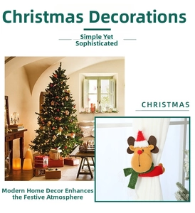 Detail of reindeer Christmas curtain tieback with plush fabric and holiday decor