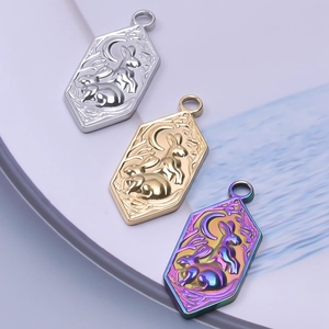 Detailed relief of rabbit and moon on hexagonal stainless steel pendants in three colors