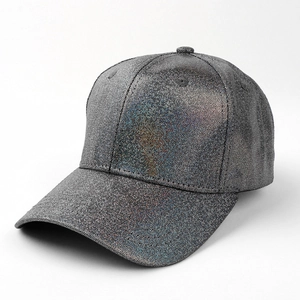 Detailed close-up of metallic silver baseball cap with holographic glitter finish